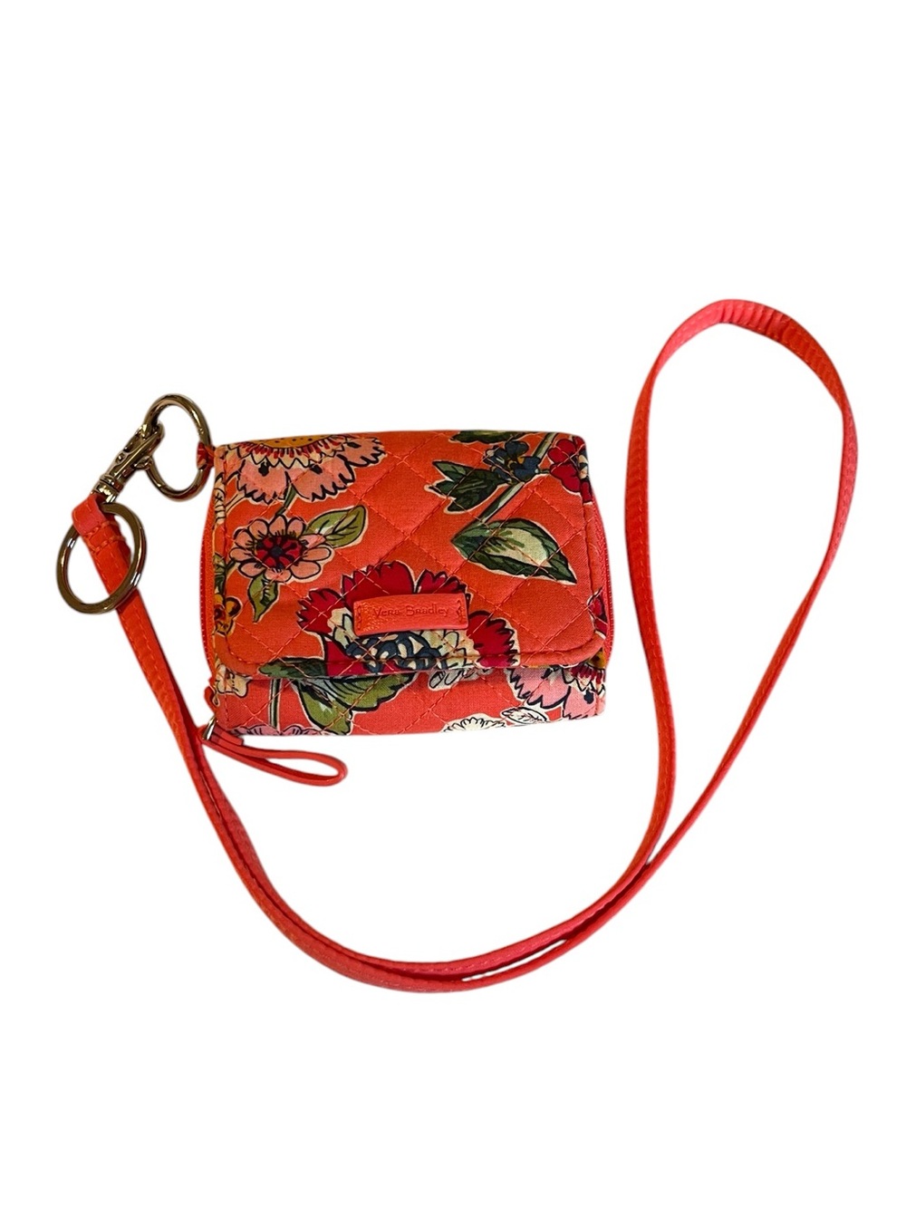 Vera Bradley Rain Forest Lily Coral Lanyard Wallet ID Case - EUC